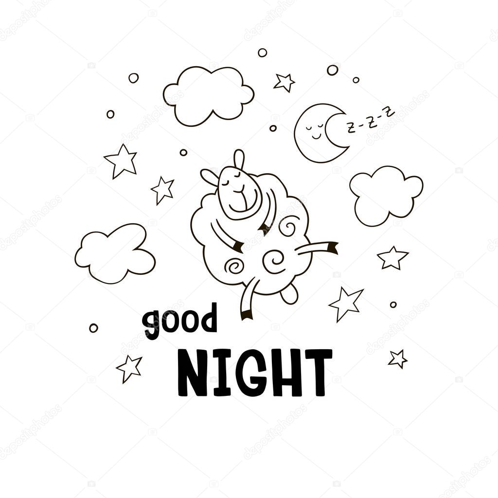 Good night cartoon background for kids. Hand drawn doodle cute lamb with clouds, stars, moon and inscription Good night. Black and white vector illustration.