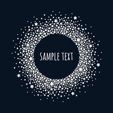 Round dotted frame with space for text. Frame of white dots and stars of various size on blue background. Vector abstract background.