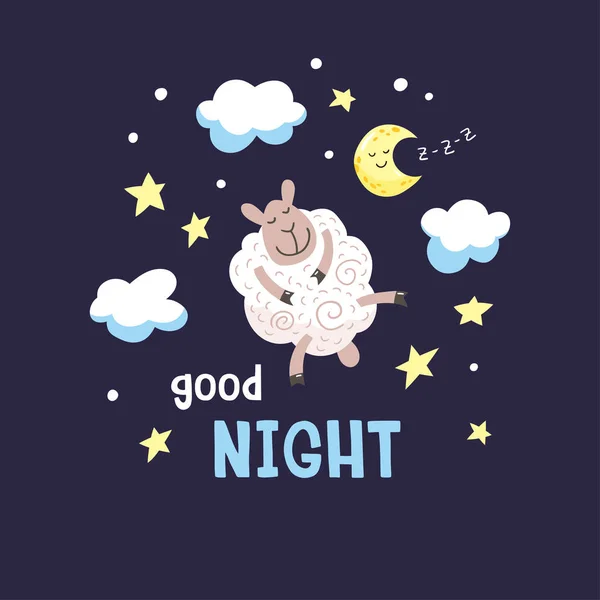 Dark Night Background Cute Cartoon Poddy Moon Clouds Childish Poster — Stock Vector