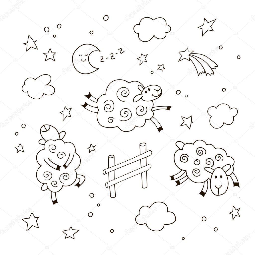 Good night cartoon background for kids. Hand drawn doodle cute sheep jumping over the fence in the night sky. Black and white vector illustration.