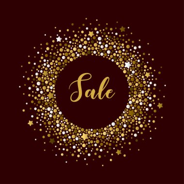 Luxury background with round frame of different sized golden dots and stars. Vector template suitable for advertising, cards, invitations, packaging, business cards.