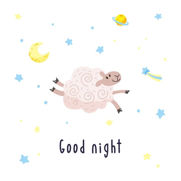 Sky Background Cartoon Sheep Moon Stars Comet Childish Poster Vector — Stock Vector