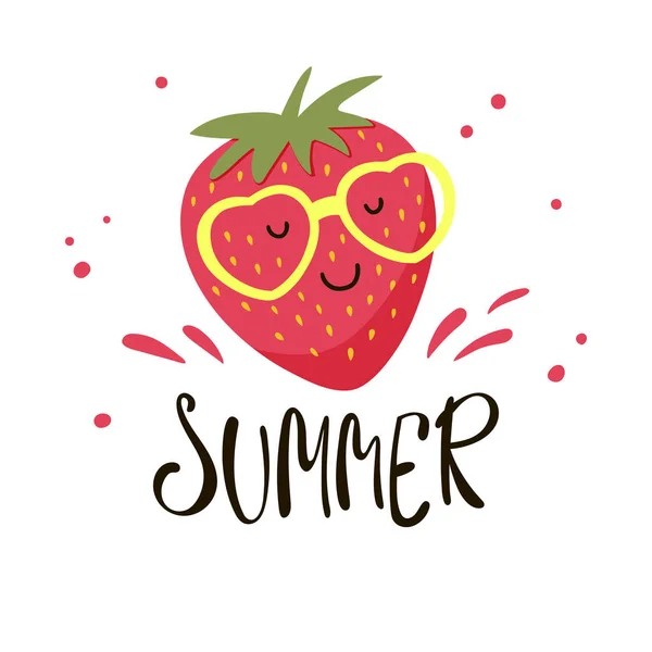 Jolie Fraise Lunettes Soleil Jaunes Illustration Vectorielle Avec Fraise Dessin — Image vectorielle