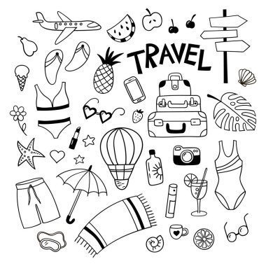 Seyahat objekts doodle tarzı kümesi. El gezi öğeleri çekilmiş. Siyah ve beyaz vektörel clipart.