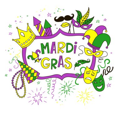Mardi Gras doodle simgeler ve nesneleri arka plan. Renkli vektör şablonu.