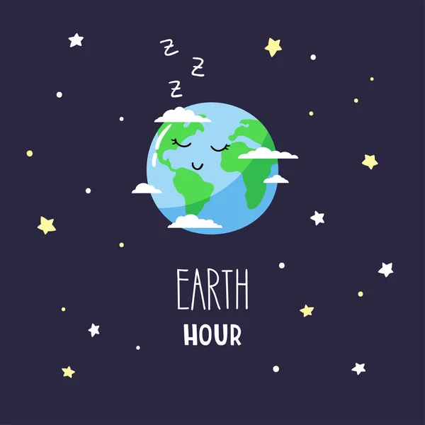 Cute cartoon planet Earth in the night sky and inscription Earth hour. Vector illustration. — Stock Vector
