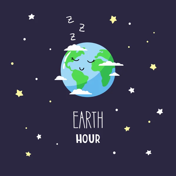 Schattige cartoon planeet aarde in de nacht lucht en inscriptie Earth hour. Vectorillustratie. — Stockvector