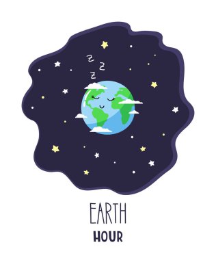 Sevimli çizgi gece yıldızlı gökyüzü ve yazıt Earth hour Dünya gezegeni. Vektör çizim.