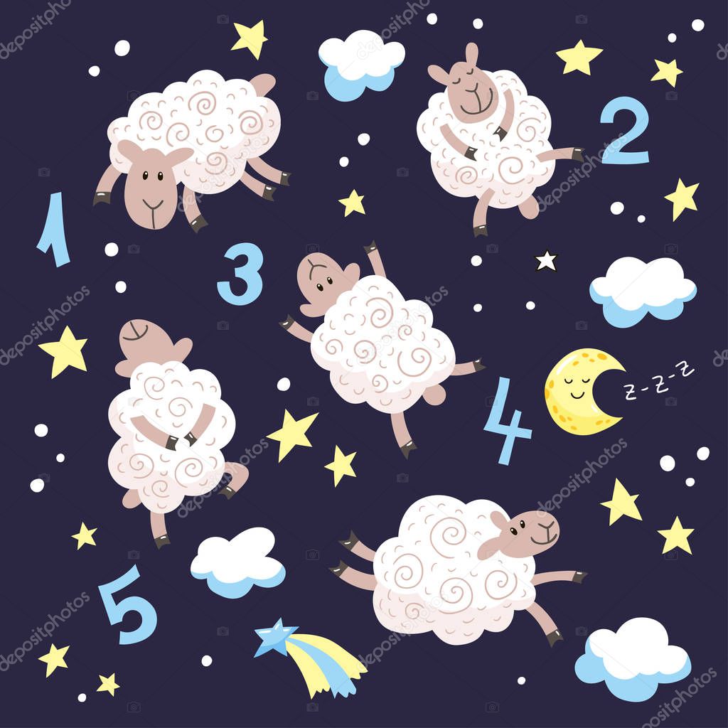 Good night cartoon set for kids. Hand drawn doodle cute lambs with numbers, clouds, stars and moon.
