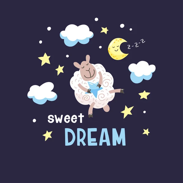 Sfondo scuro notte con simpatico cartone animato agnello, luna e nuvole. Illustrazione vettoriale . — Vettoriale Stock