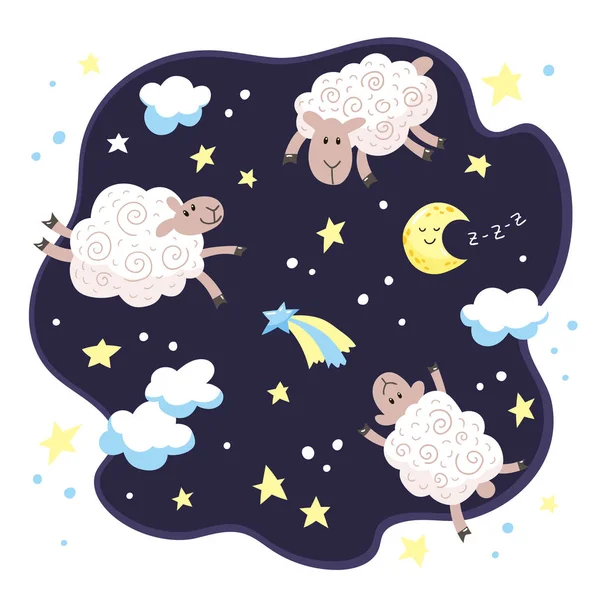 Κινουμένων σχεδίων χαριτωμένο αρνιά, σύννεφα, αστέρια και το φεγγάρι. — Διανυσματικό Αρχείο