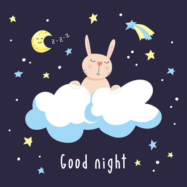 Sfondo scuro notte con simpatico coniglietto cartone animato sulle nuvole. Illustrazione vettoriale . — Vettoriale Stock