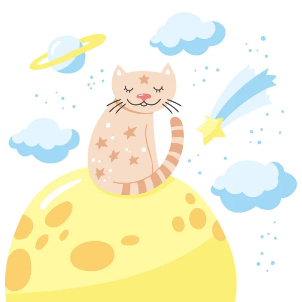 Tecknad katt sitter på månen. Vektor illustration med söt Kitty och molnigt himmel. — Stock vektor
