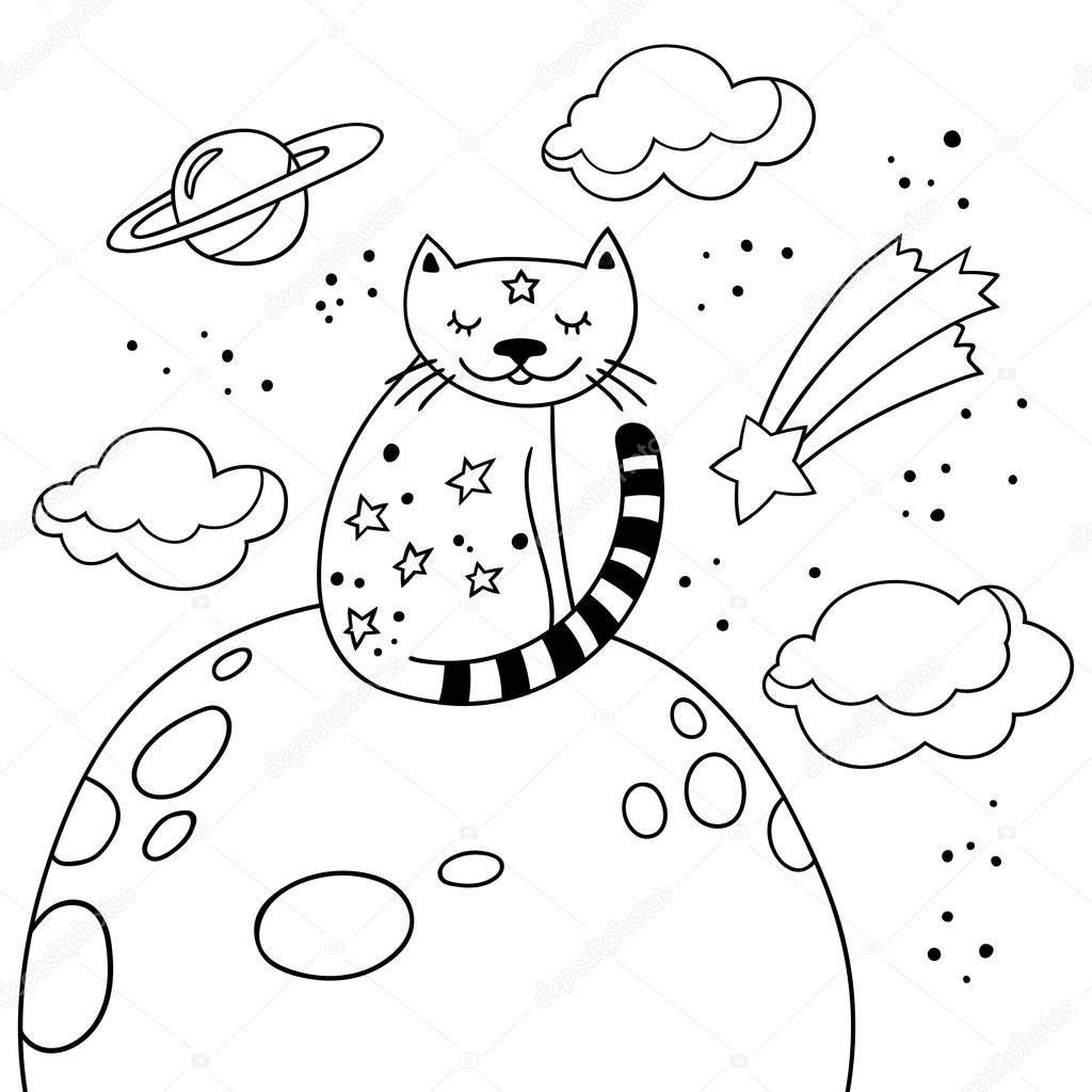 Cartoon cat sitting on the moon. Black and white vector illustration with cute kitty.