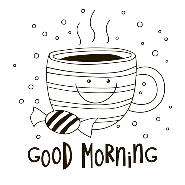 Mignon sourire tasse de café, bonbons et une inscription Bonjour . — Image vectorielle