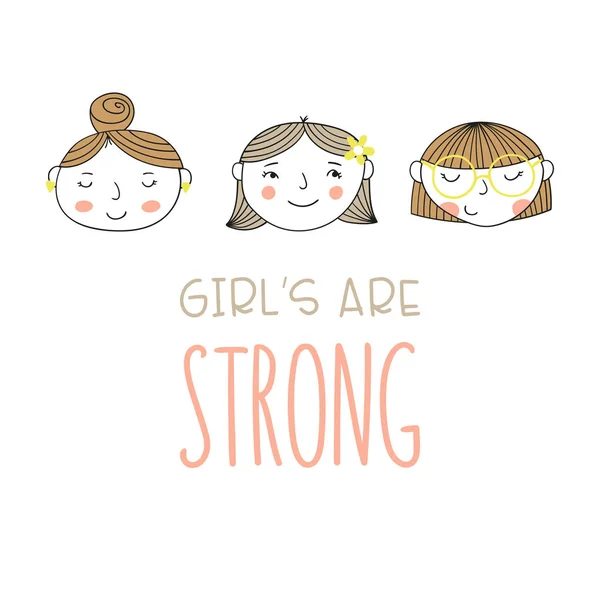 Conjunto de um grupo de diferentes meninas e inscrição. Desenhos animados estilo doodle personagens . —  Vetores de Stock