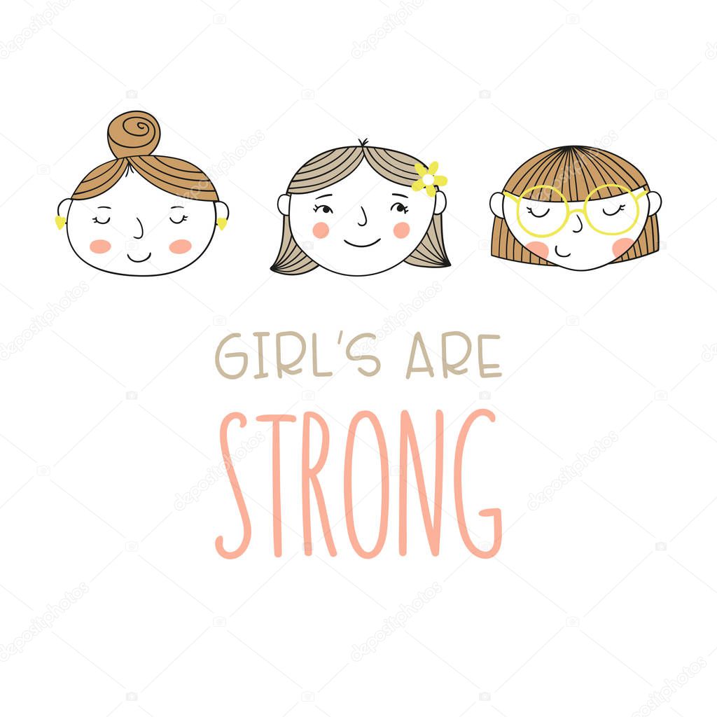 Set of a group of different girls and inscription. Cartoon doodle style characters.