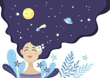Happy beautiful girl with cosmos in her lush hair. clipart