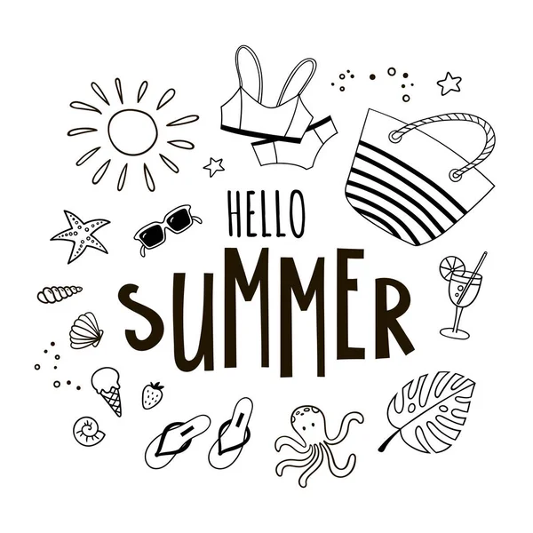 Citação de verão desenhada à mão e rabiscos. Arte criativa em linha e inscrição Hello Summer . —  Vetores de Stock
