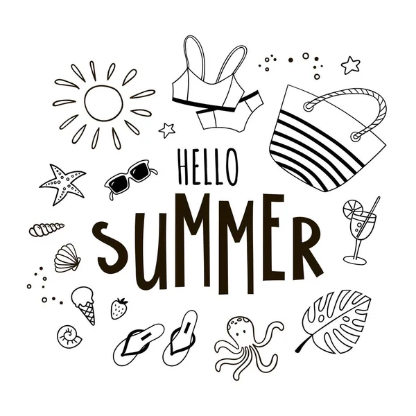 Citation d'été dessinée à la main et gribouillis. Œuvre et inscription créative Hello Summer . — Image vectorielle