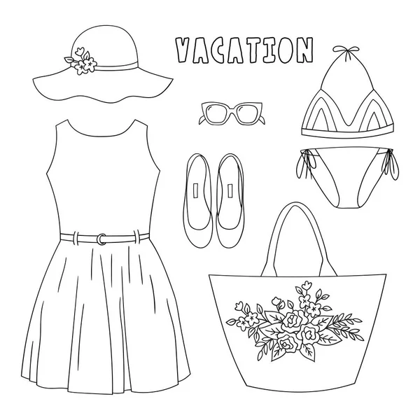 Divatos nyári női szekrény. Szett ruhák és kiegészítők Doodle stílusban. — Stock Vector