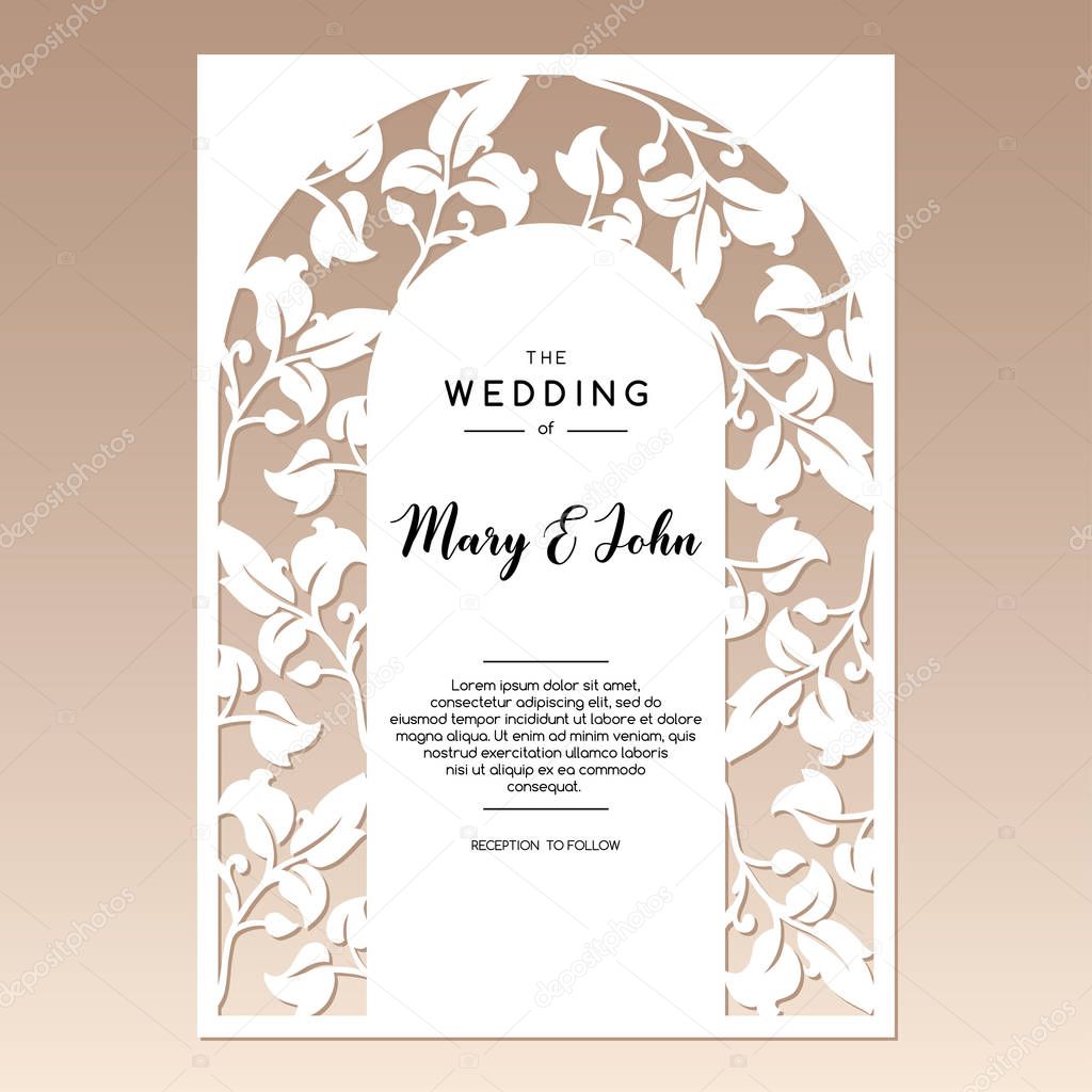 Openwork wedding card with floral pattern. Laser cutting template.