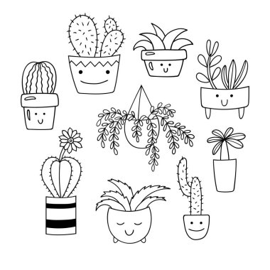Sevimli karikatür saksı bitkileri seti. Saksılarda sulu ve kaktüsler. Vektör clipart.