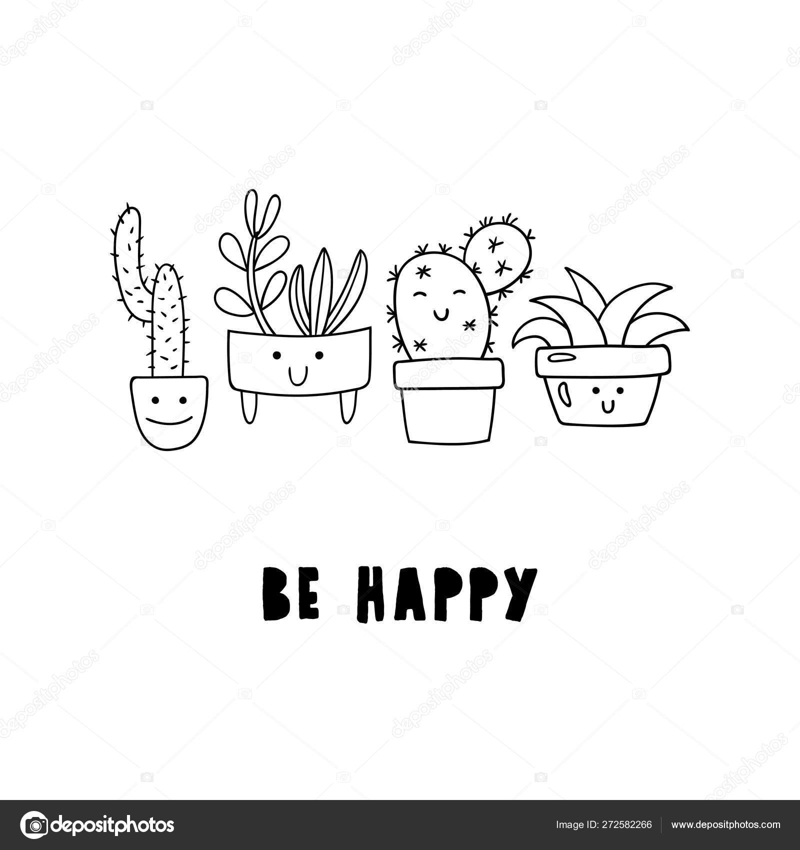 Cute cartoon potted plants. Doodle succulents and cacti in flower pots and  inscription BE HAPPY. Stock Vector Image by ©Pravdinal #272582266