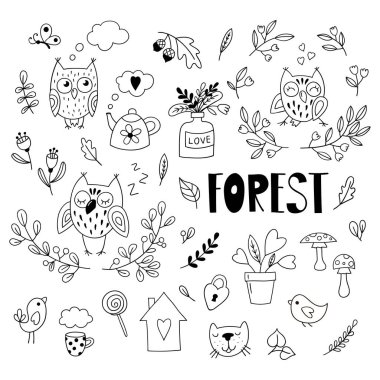 Doodle tarzısevimli karikatür baykuş ve dalları seti.