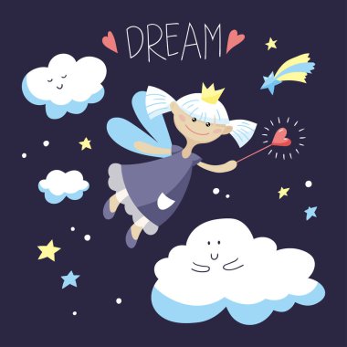 Sihirli bir değnek ile sevimli peri kız. Karikatür illüstrasyon.