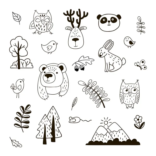 Sevimli yaban hayatı karalama seti. Vektör clipart.