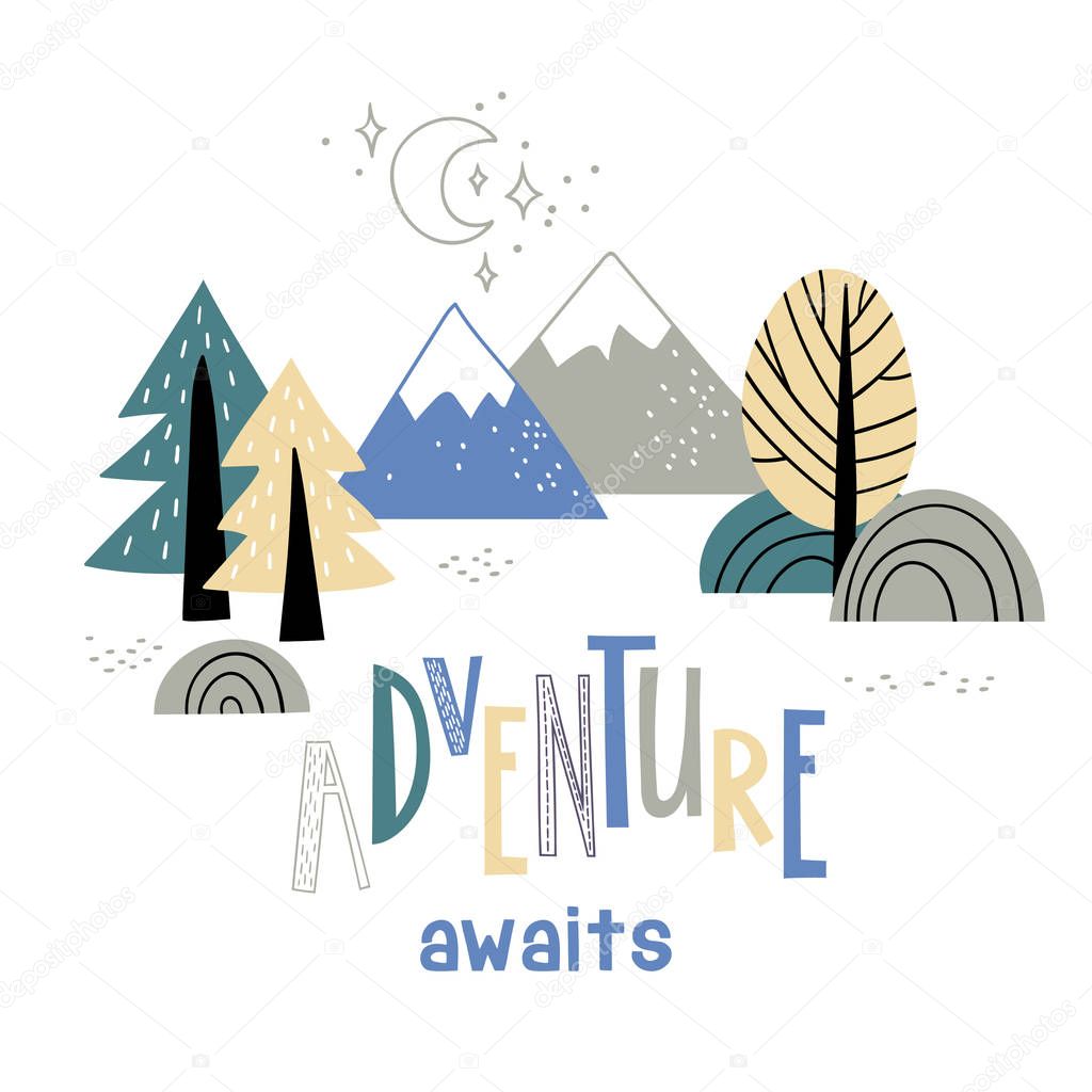 Minimalistic mountain landscape with trees and handwriting inscription Adventure awaits. Vector illustration.