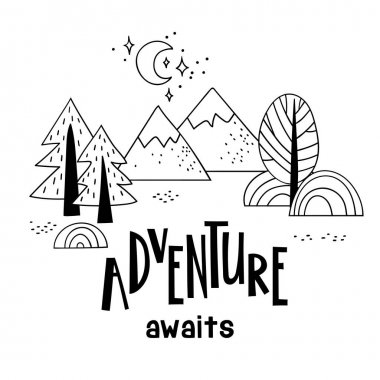 Minimalistic mountain landscape with trees and handwriting inscription Adventure awaits. vector