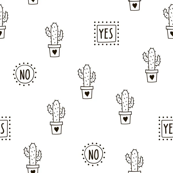 Modèle sans couture avec des cactus mignons et des mots. Modèle vectoriel . — Image vectorielle