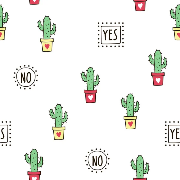 Modèle sans couture avec des cactus verts mignons et des mots . — Image vectorielle