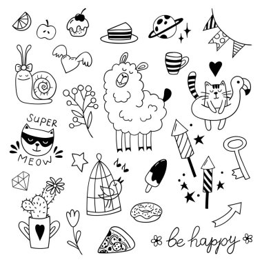 Sevimli çocukça karalamalar seti. Vektör clipart.