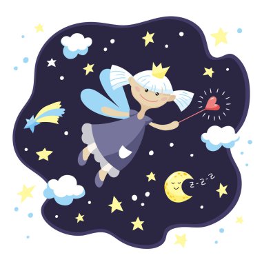 Cute fairy girl with a magic wand in the night sky. clipart
