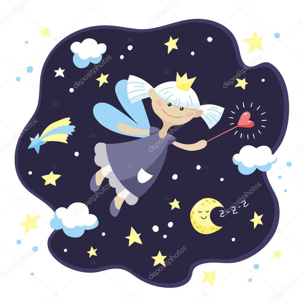 Cute fairy girl with a magic wand in the night sky.