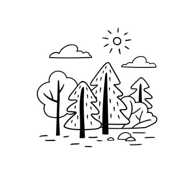 Minimalist siyah beyaz manzara. Ağaçlar ve çalılar bir el çizilmiş tarzı.