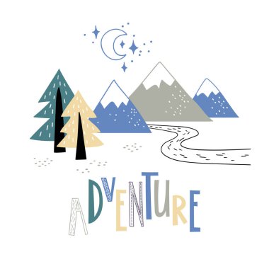 Minimalist dağ manzarası Ağaçlar ve el yazısı Macerası.