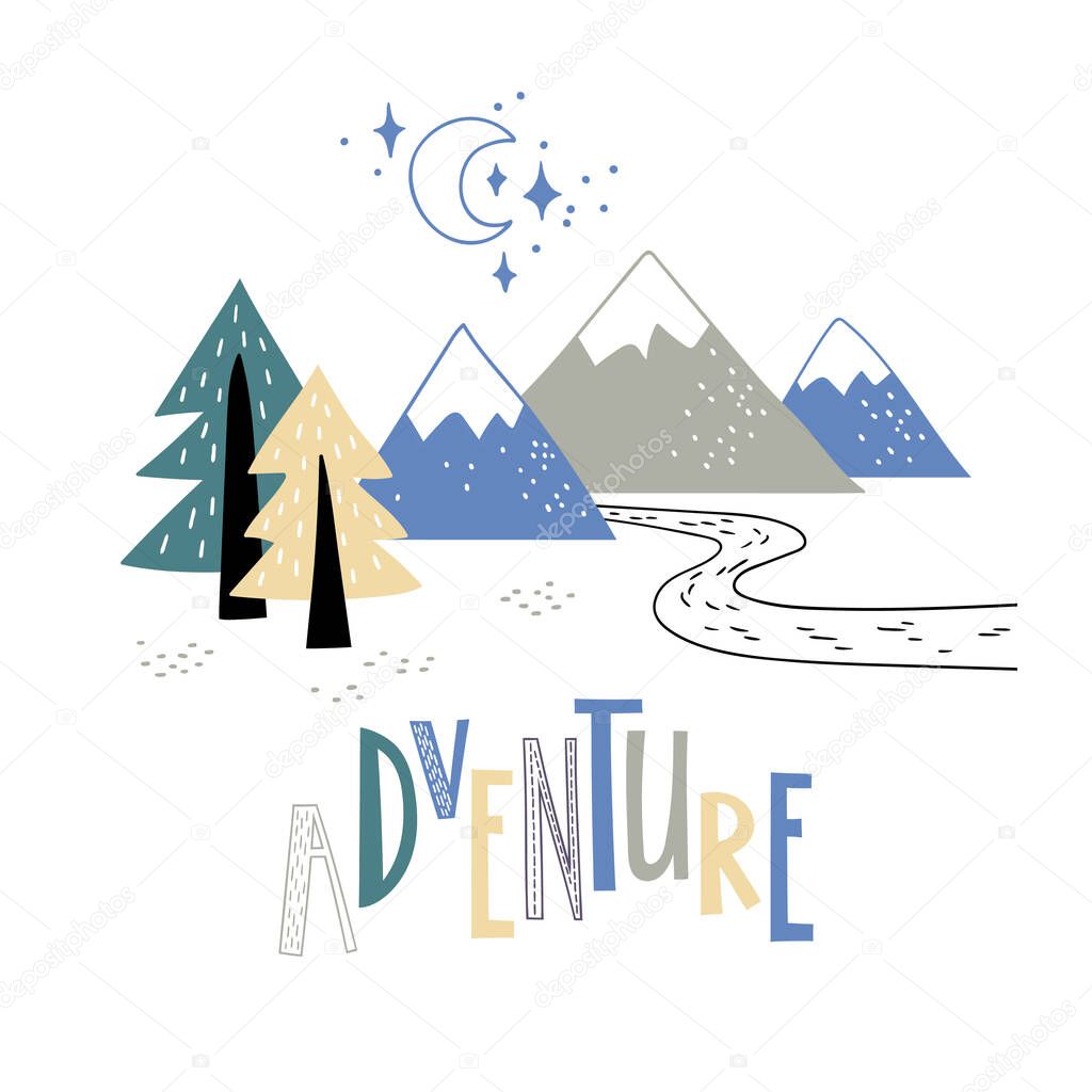 Minimalistic mountain landscape with trees and handwriting inscription Adventure. Vector illustration.