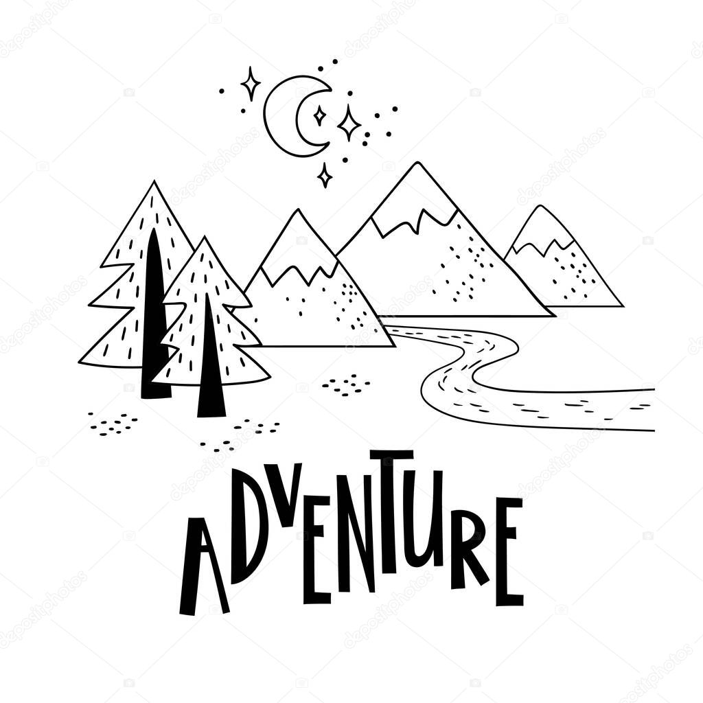 Minimalistic mountain landscape with trees and handwriting inscription Adventure. Black and white vector illustration.