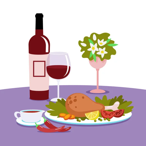 Abendessen auf einem Tisch, der mit einer Tischdecke bedeckt ist. Gebackene Hühnerkeulen mit Gemüse, Sauce und Wein. Vektorillustration. — Stockvektor