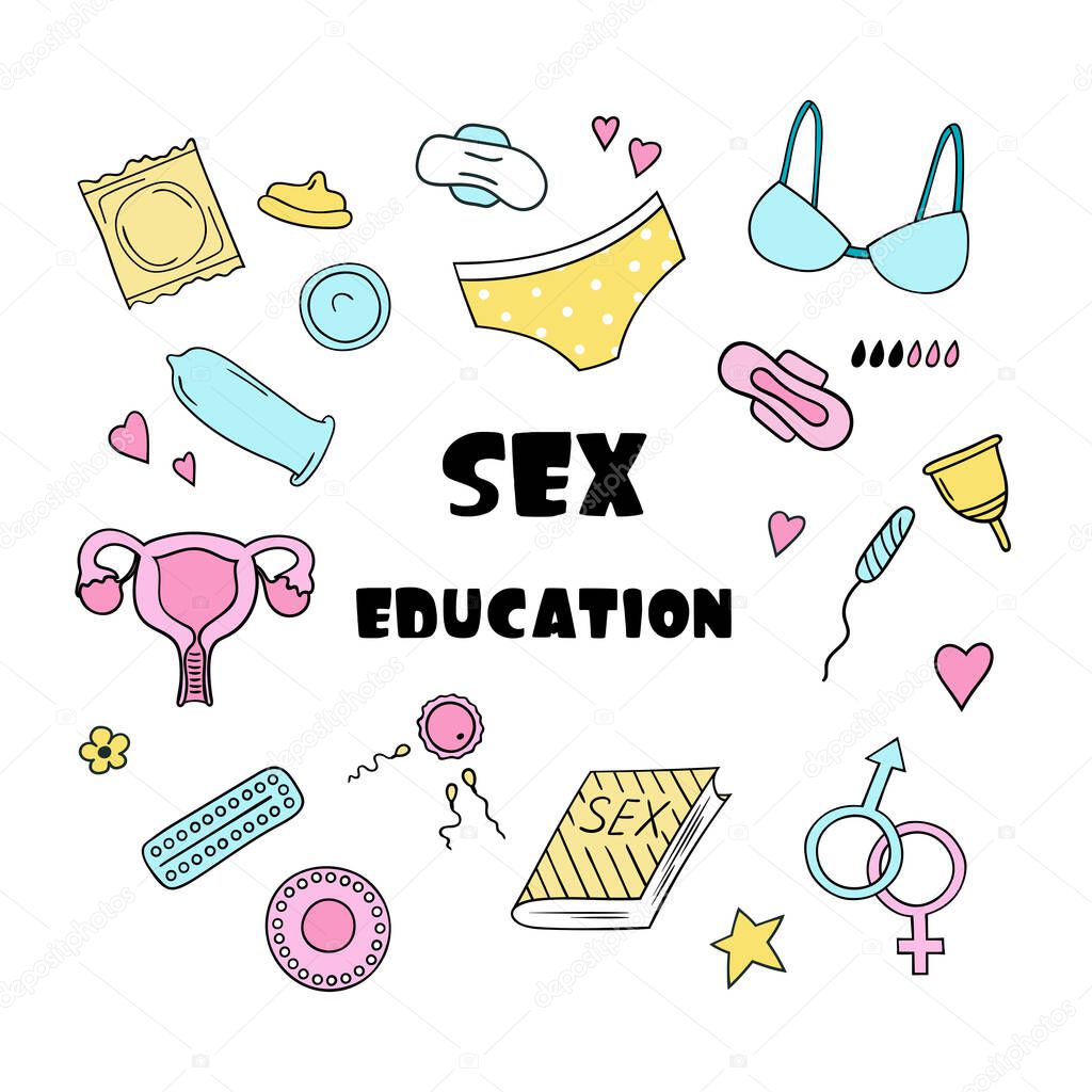 Sex education set of elements in doodle style. Vector clipart.