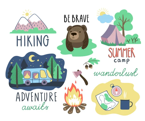 Ensemble d'éléments et de lettrages dessinés à la main pour le tourisme et la randonnée. Montagnes, feu de joie, tente, van et autres objets. — Image vectorielle