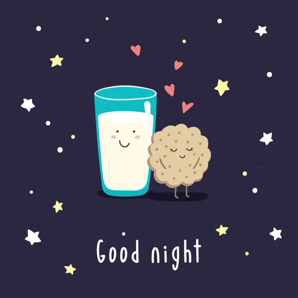 Lindo dibujo animado leche y galletas en el cielo estrellado noche. Inscripción Buenas noches . — Archivo Imágenes Vectoriales