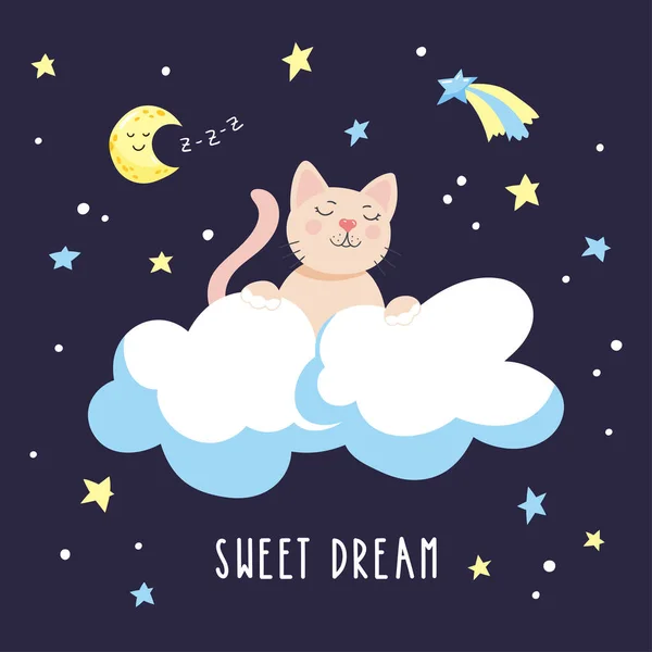 Somnolent chaton dessin animé dans les nuages dans le ciel étoilé de nuit. — Image vectorielle