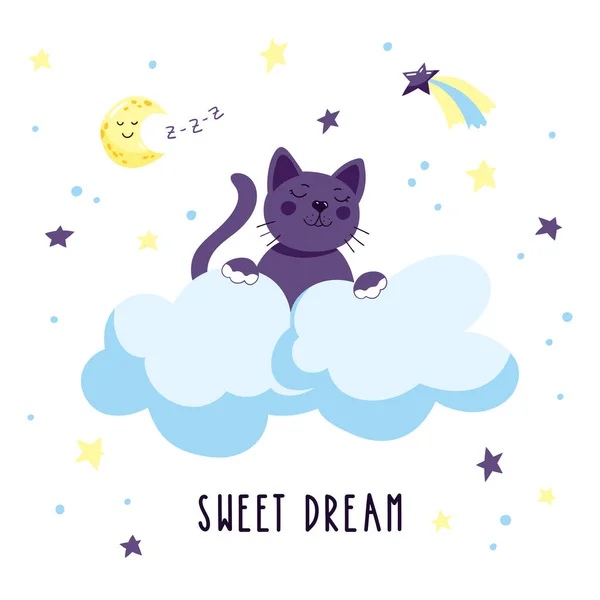 Chaton dessin animé mignon dans les nuages dans le ciel étoilé. Illustration vectorielle. — Image vectorielle