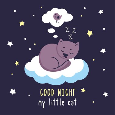 Şirin kedi yavrusu bulutta uyuyor ve bir kuşla rüya görüyor..