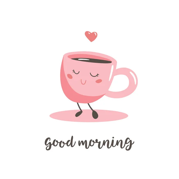 Bonito desenho animado xícara de café. Inscrição Bom dia. Ilustração vetorial . — Vetor de Stock